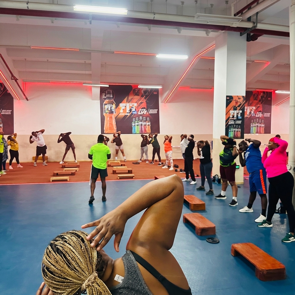 Group aerobics and conditioning session led by fitness instructors at Plus One +1 Fitness Centre in Levy Mwanawasa Stadium Ndola