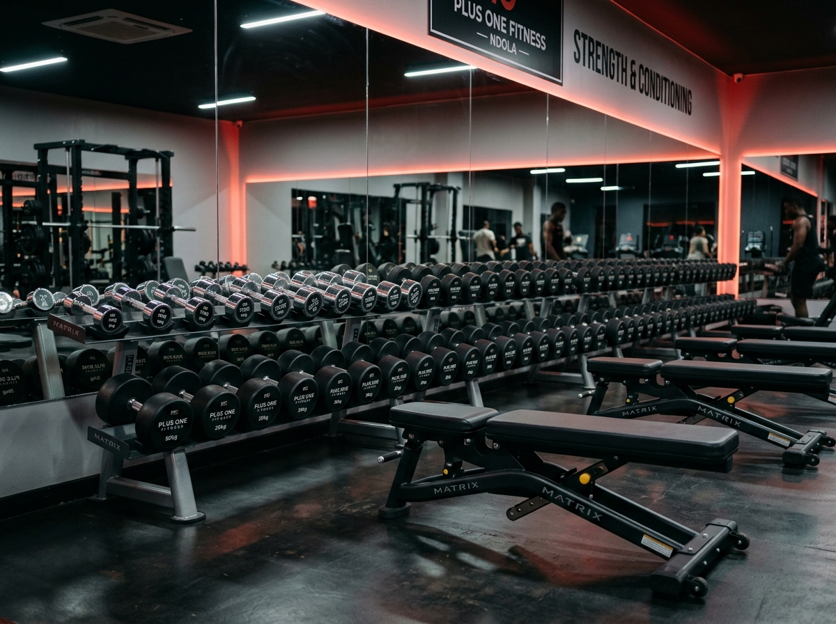 Heavy dumbbells and resistance training floor at Plus One Fitness